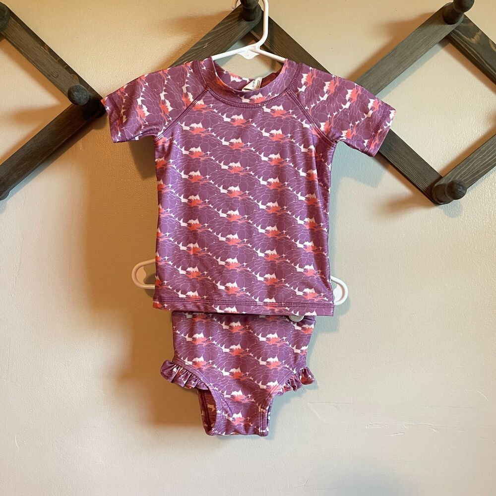 Kate Quinn 12-18M 2 Piece Swim Set | Purple Floral Ruffle Bikini Rash Guard SS